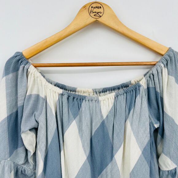 Tularosa Alexa Plaid Off the Shoulder Viscose Top in Cottage Blue, Size Small - Picture 4 of 10
